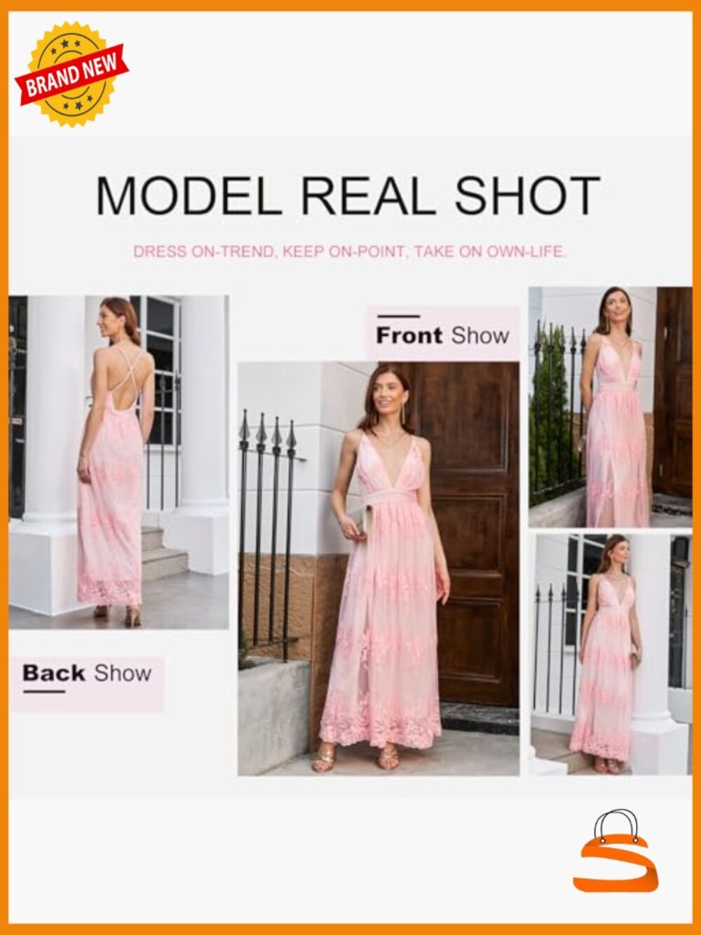 Deep V-Neck Embroidered Lace Mesh Maxi Dress with Slit - Picture 4 of 7
